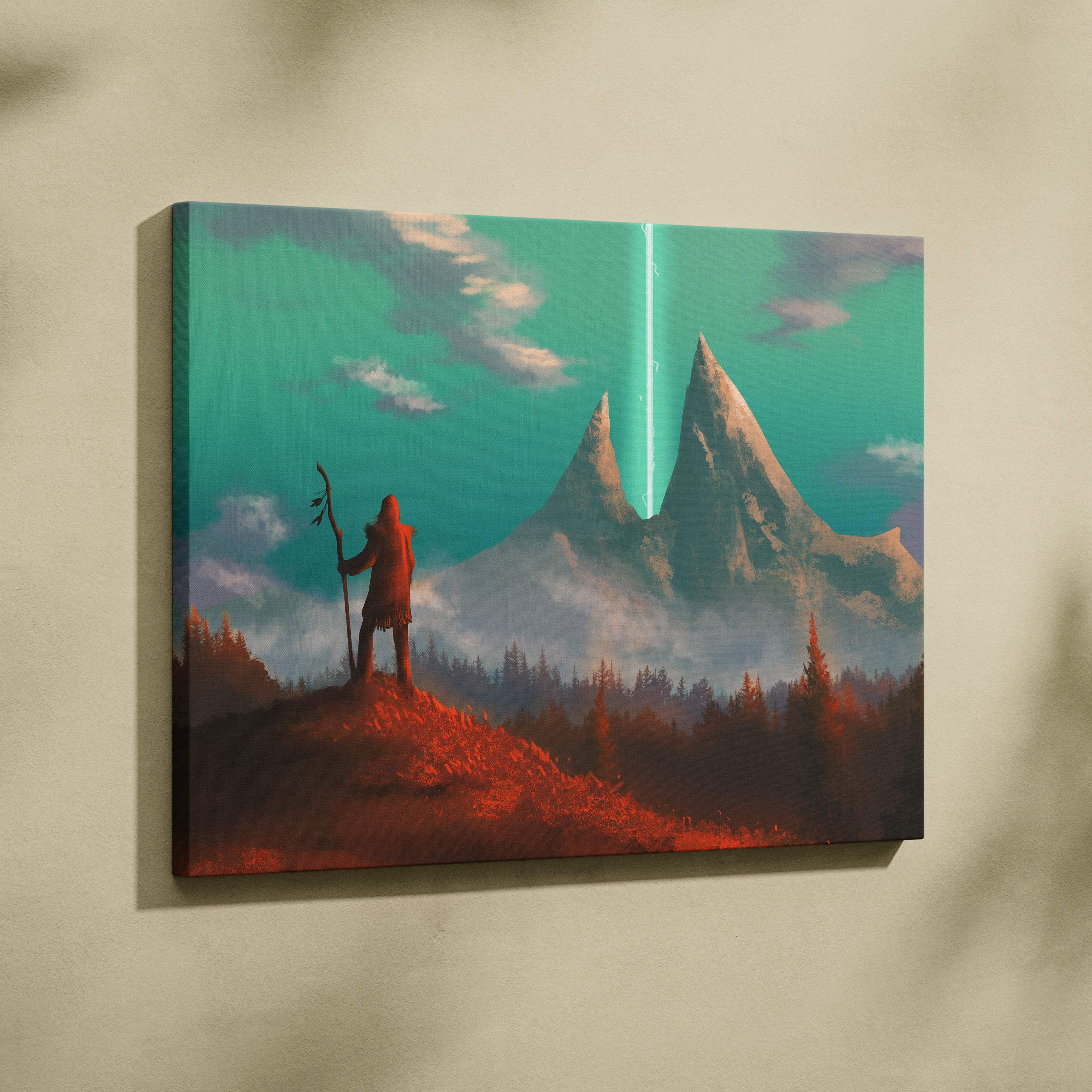 Mystic mountain portal canvas art showing a lone figure on a red hill with snow-capped mountains under a teal sky