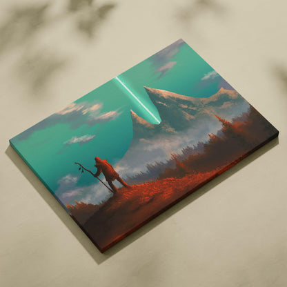 Mystic mountain portal rectangular canvas print featuring a lone figure on red hillside with teal mountains and dramatic sky