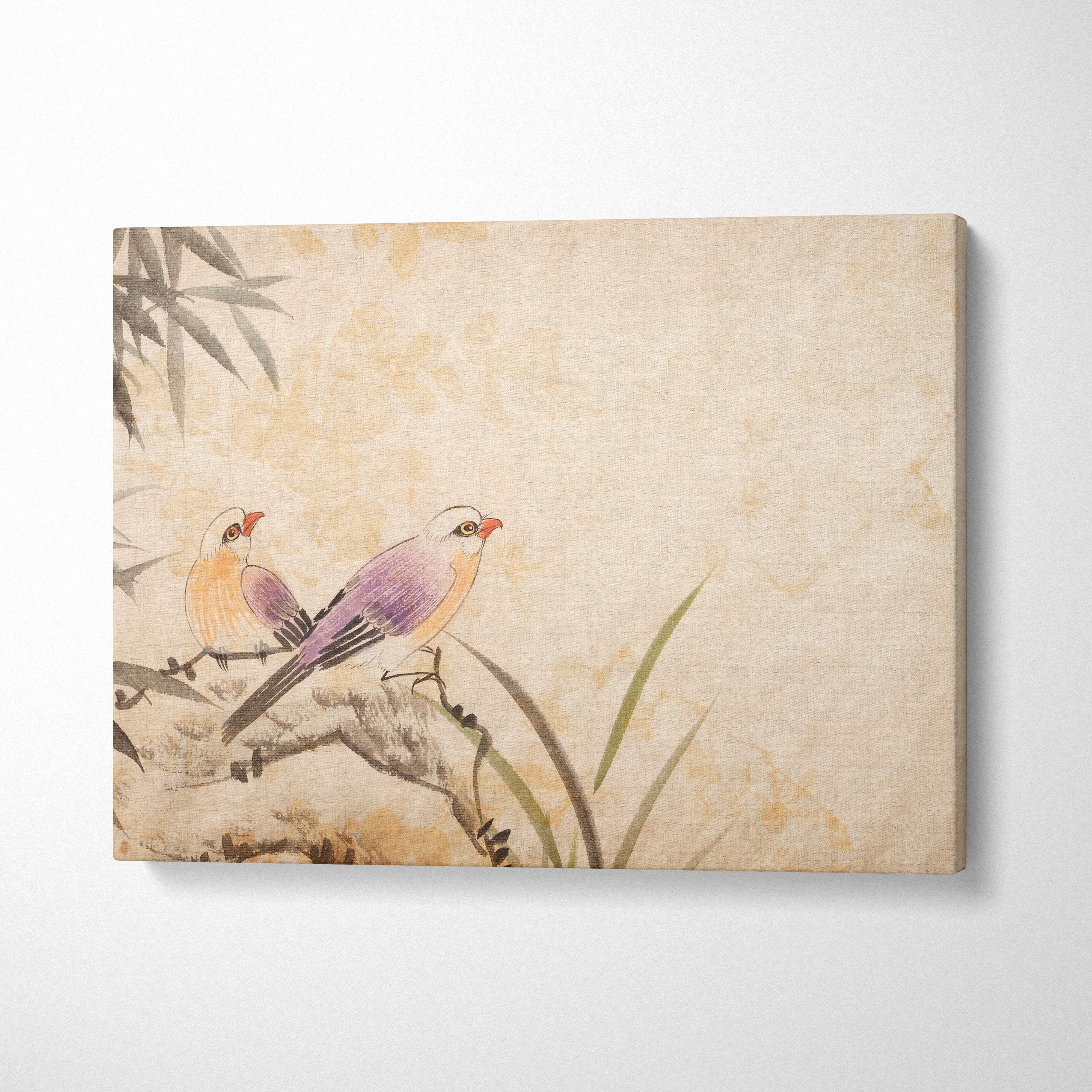 Beige canvas wall art featuring two birds with purple and orange plumage perched on bamboo leaves in Asian watercolor style