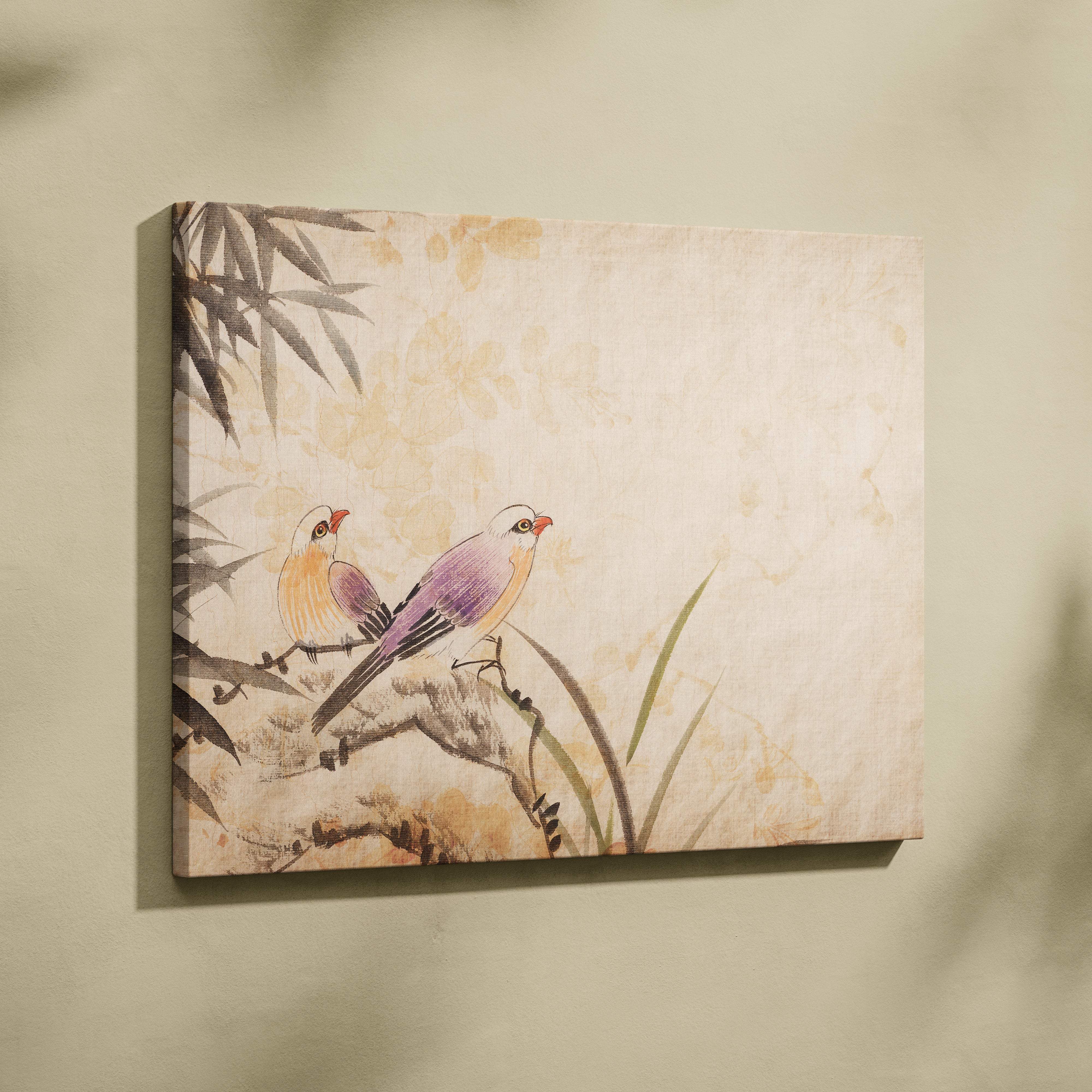 Beige bamboo canvas wall art featuring two birds with purple and yellow plumage in asian watercolor style for zen decor