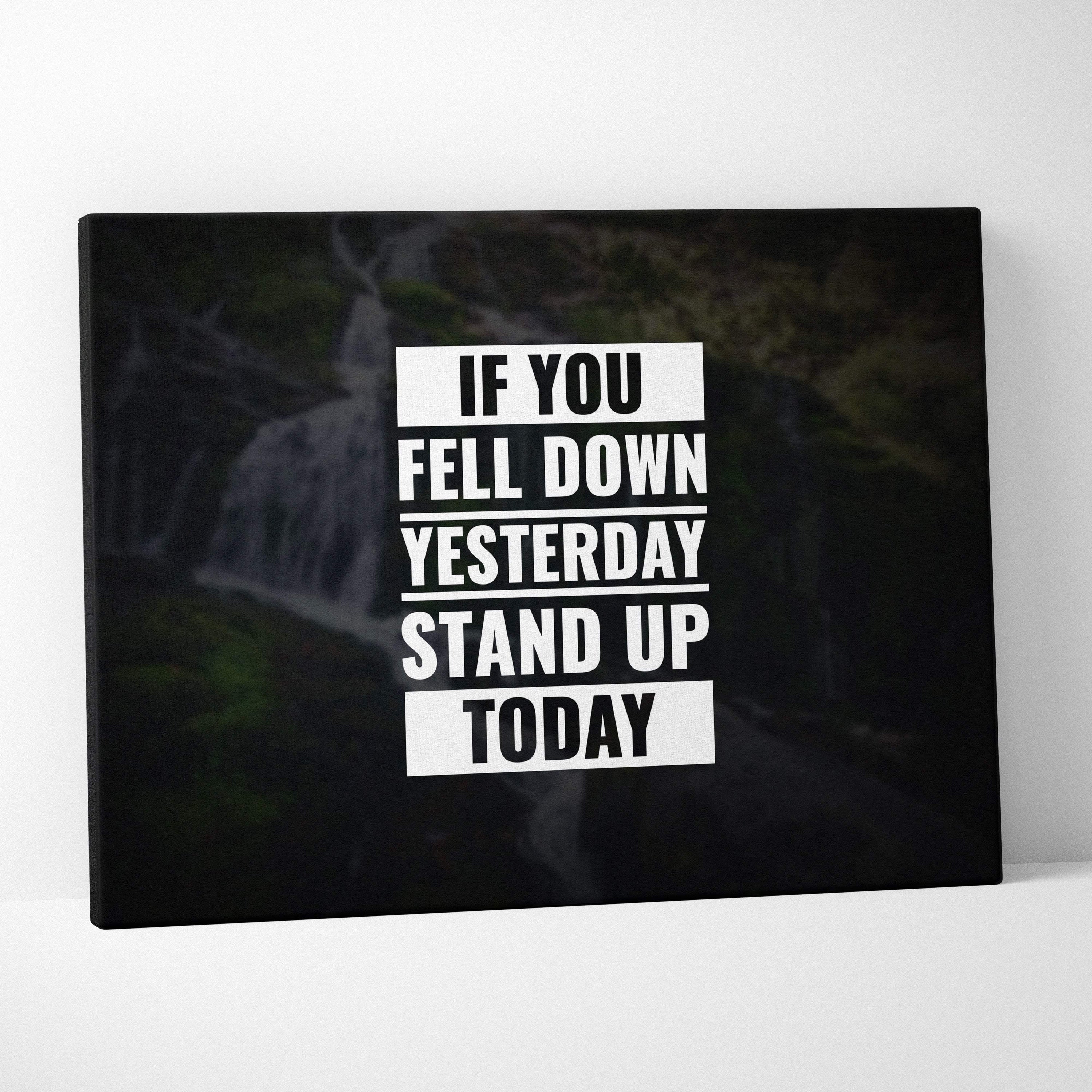 Black canvas print with bold white motivational text over dark blurred waterfall for bedroom office wall art