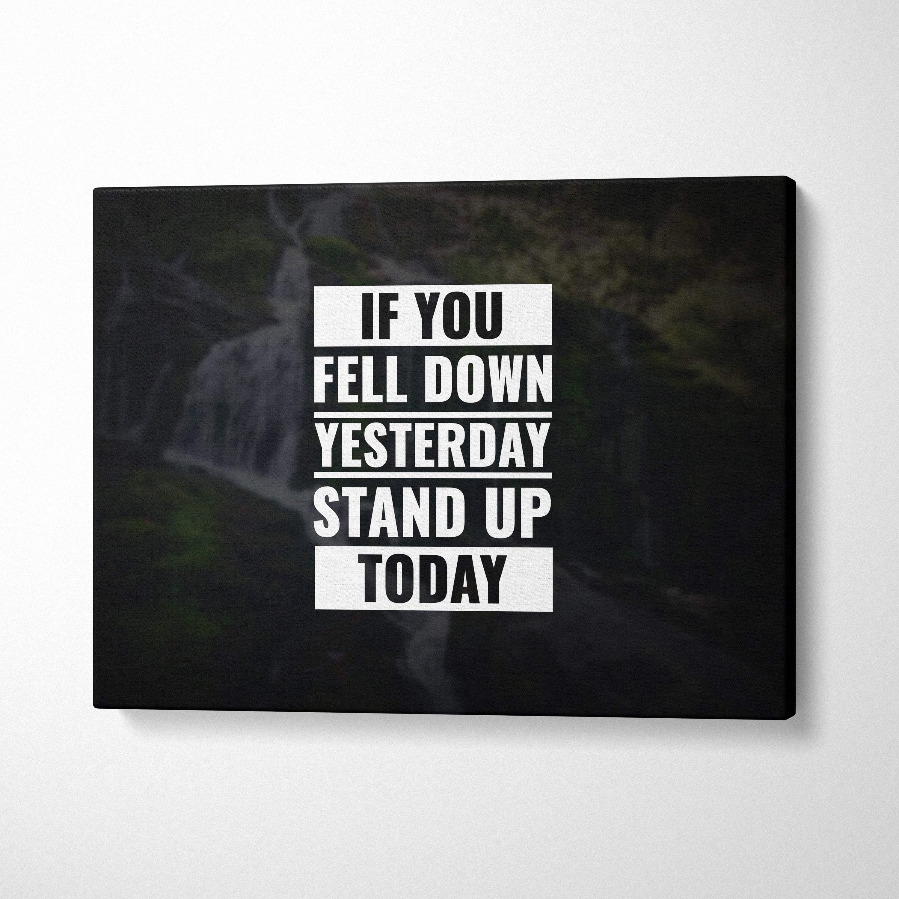 Black canvas print with bold white motivational typography over dark waterfall background for bedroom or office decor