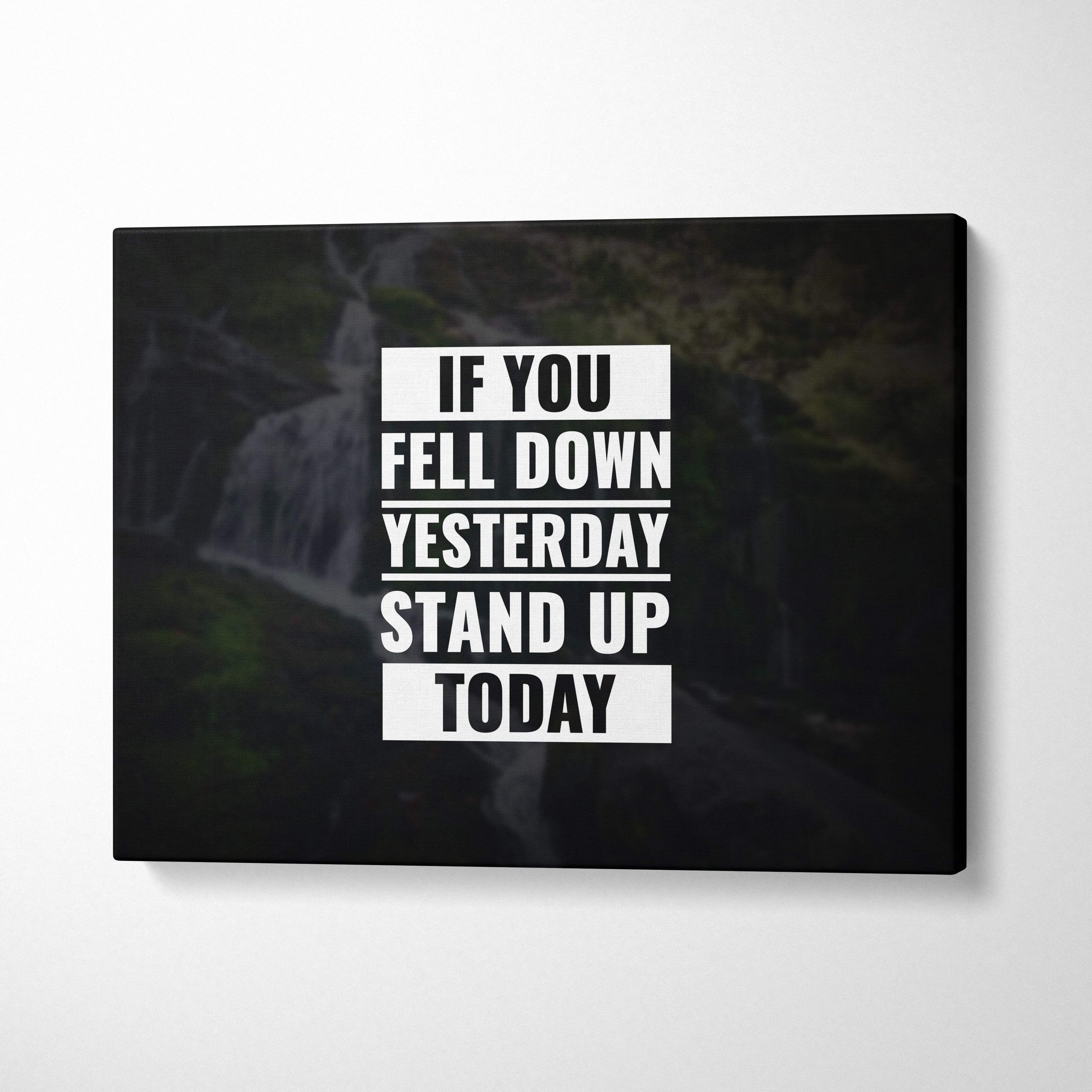 Black canvas print with bold white motivational typography over dark waterfall background for bedroom or office decor