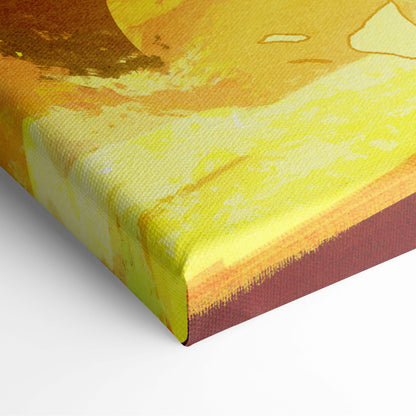 Fiery warrior on beast canvas art with bold yellow gold and maroon strokes on textured fabric for wall decor