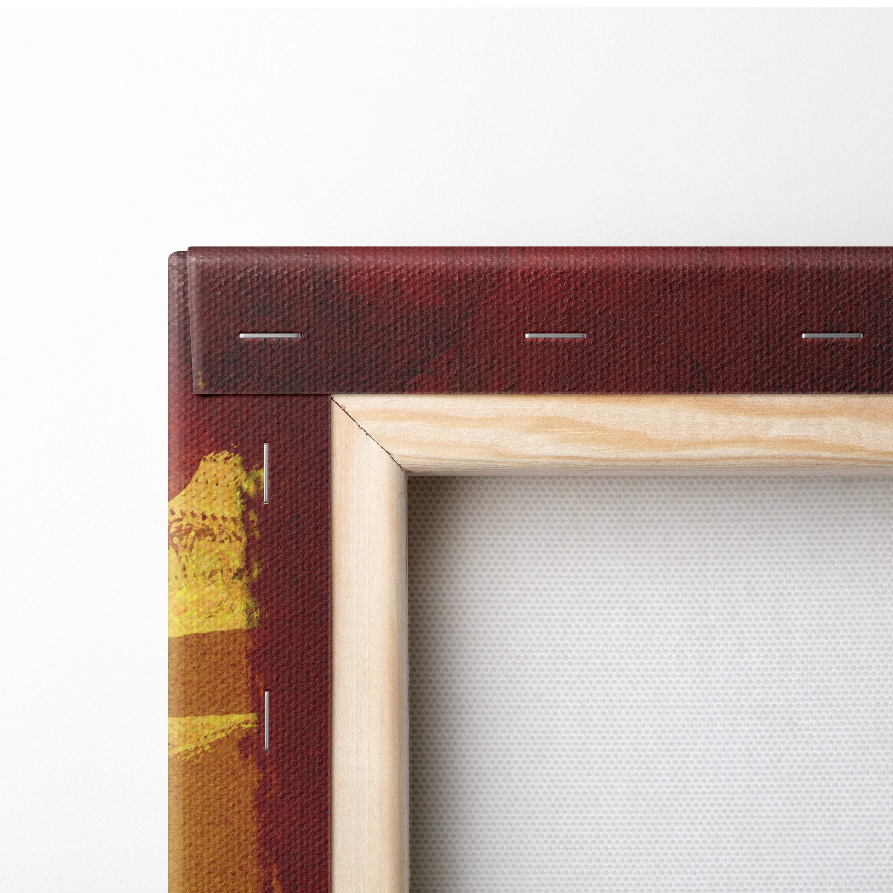 A rustic wooden canvas frame with a deep red textured border and stitching on fiery warrior on beast canvas art