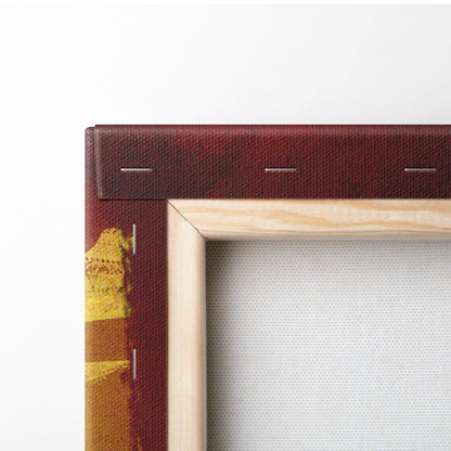A rustic wooden canvas frame with a deep red textured border and stitching on fiery warrior on beast canvas art