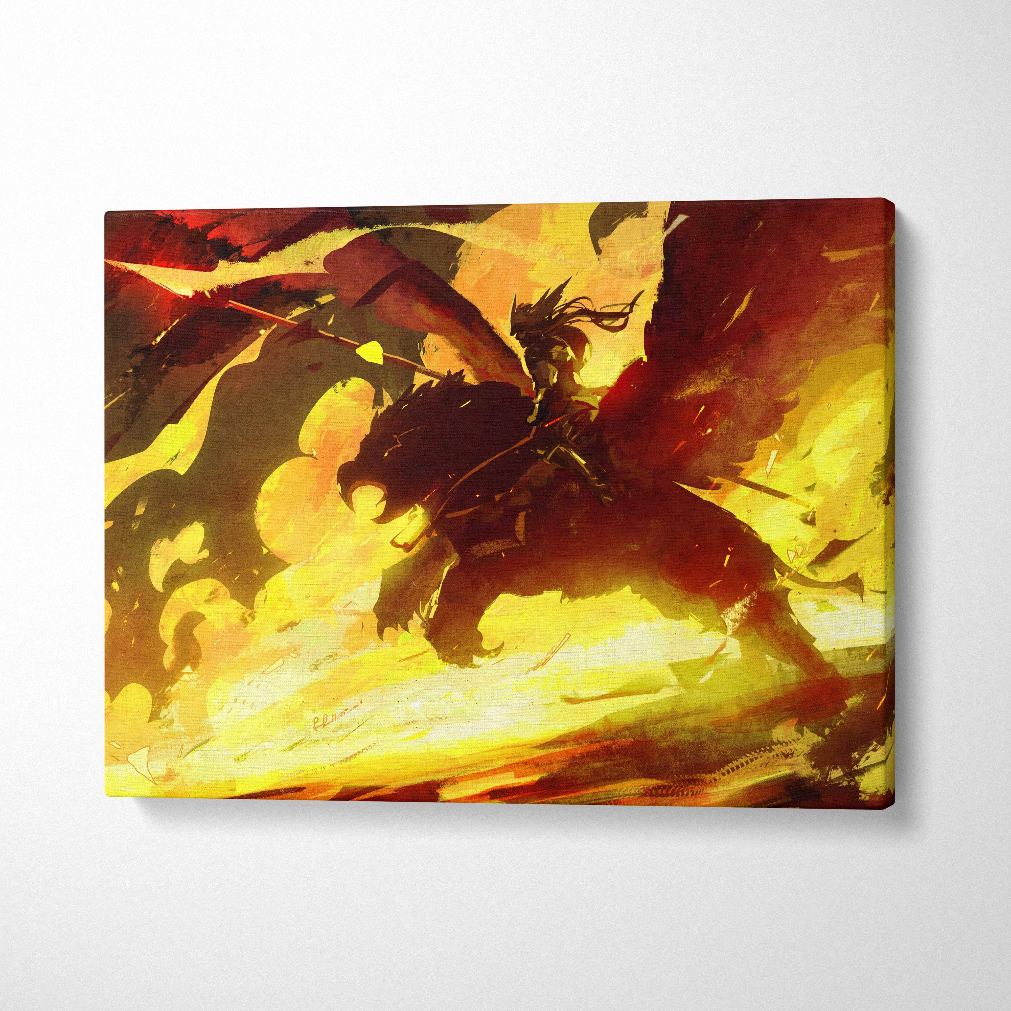 Vibrant canvas print of a warrior on a winged beast amidst fiery orange and yellow flames for fantasy wall decor