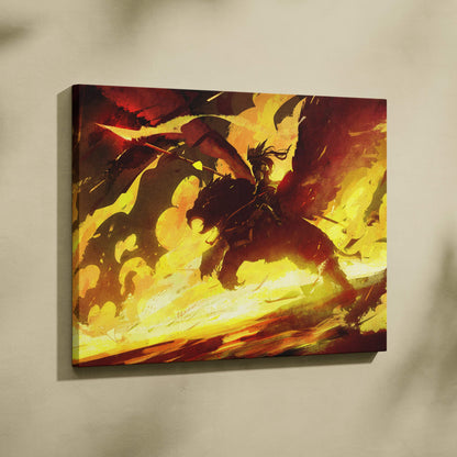 Vibrant canvas print of a fiery warrior on horseback with bold red and gold flames for epic fantasy wall decor
