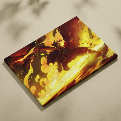 A vibrant canvas print titled fiery warrior with a fiery dragon in bold reds and yellows for epic fantasy decor