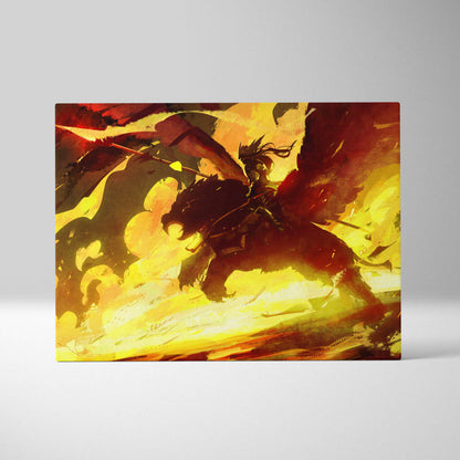 Vibrant digital canvas art of a warrior on a winged beast amid fiery orange and red flames for wall decor