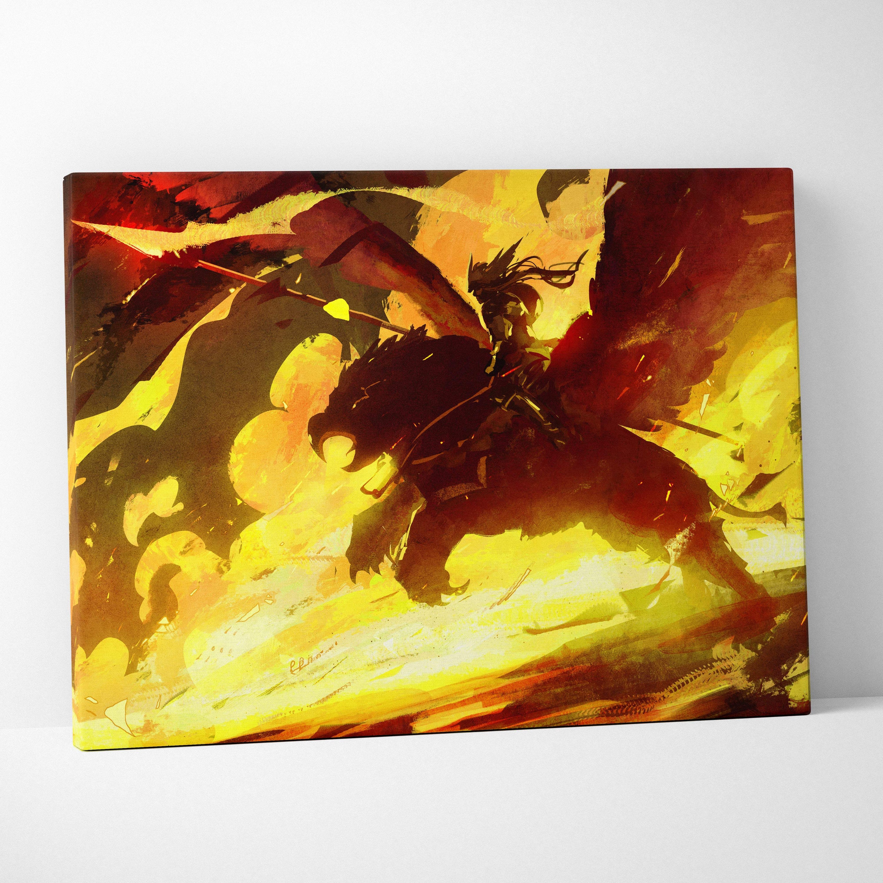 Vibrant canvas print of a fiery warrior on a winged beast with orange and yellow flames in bold red and gold tones