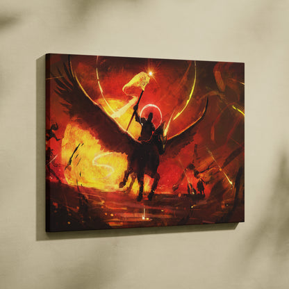 Apocalyptic Angel Warrior Canvas Art – Dark Fantasy Winged Knight in Fiery Red Inferno, Epic Celestial Battle Scene, Dramatic Abstract Digital Painting Wall Decor