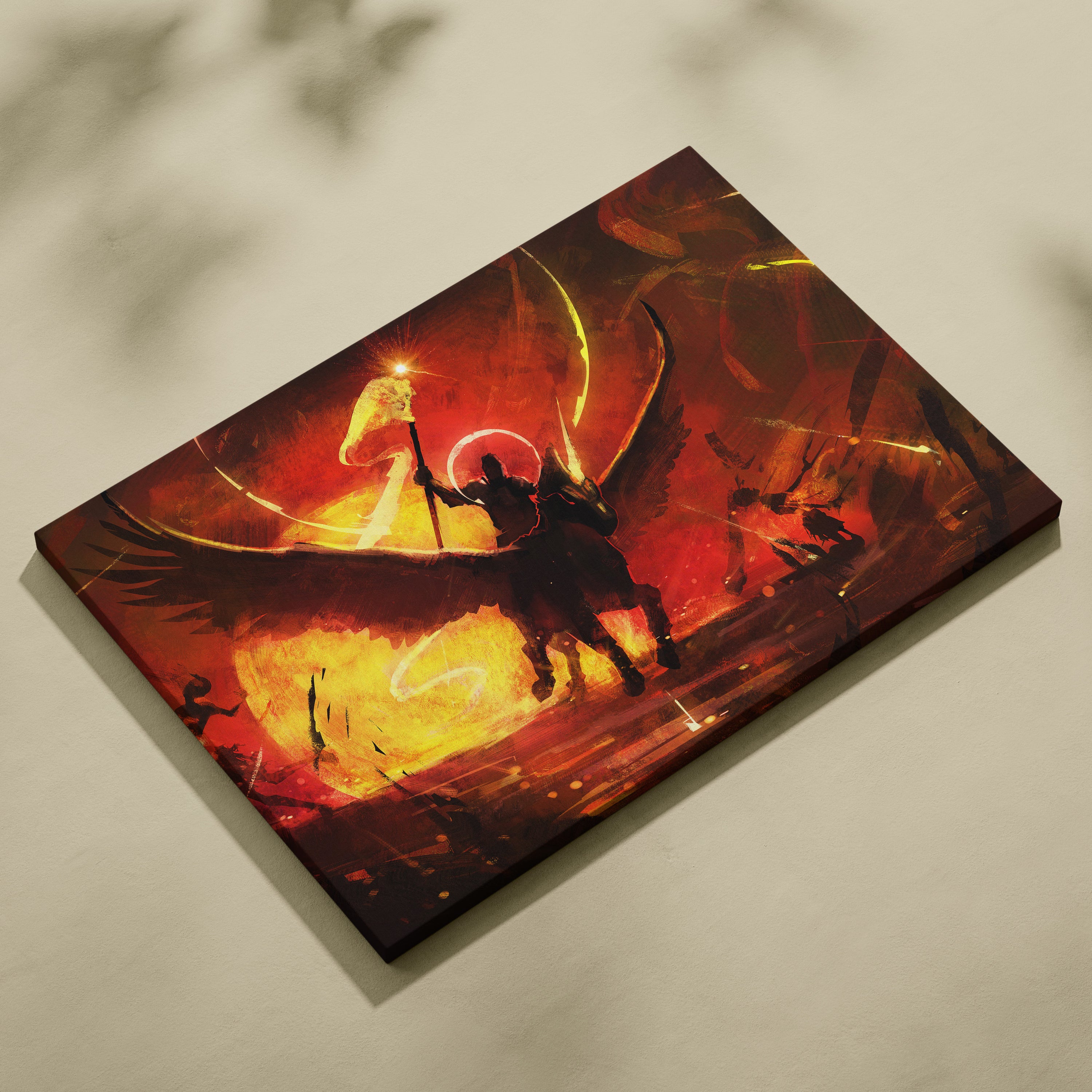 Apocalyptic Angel Warrior Canvas Art – Dark Fantasy Winged Knight in Fiery Red Inferno, Epic Celestial Battle Scene, Dramatic Abstract Digital Painting Wall Decor