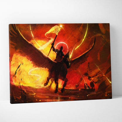 Apocalyptic Angel Warrior Canvas Art – Dark Fantasy Winged Knight in Fiery Red Inferno, Epic Celestial Battle Scene, Dramatic Abstract Digital Painting Wall Decor