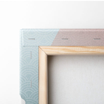 Light wood frame koi fish red sun canvas wall art with pastel blue and muted pink backing and stitched edge details