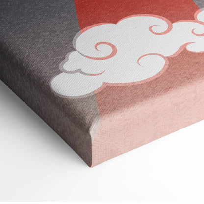 A canvas print featuring a stylized white cloud with pink outlines on a dark gray and muted rose background for wall art
