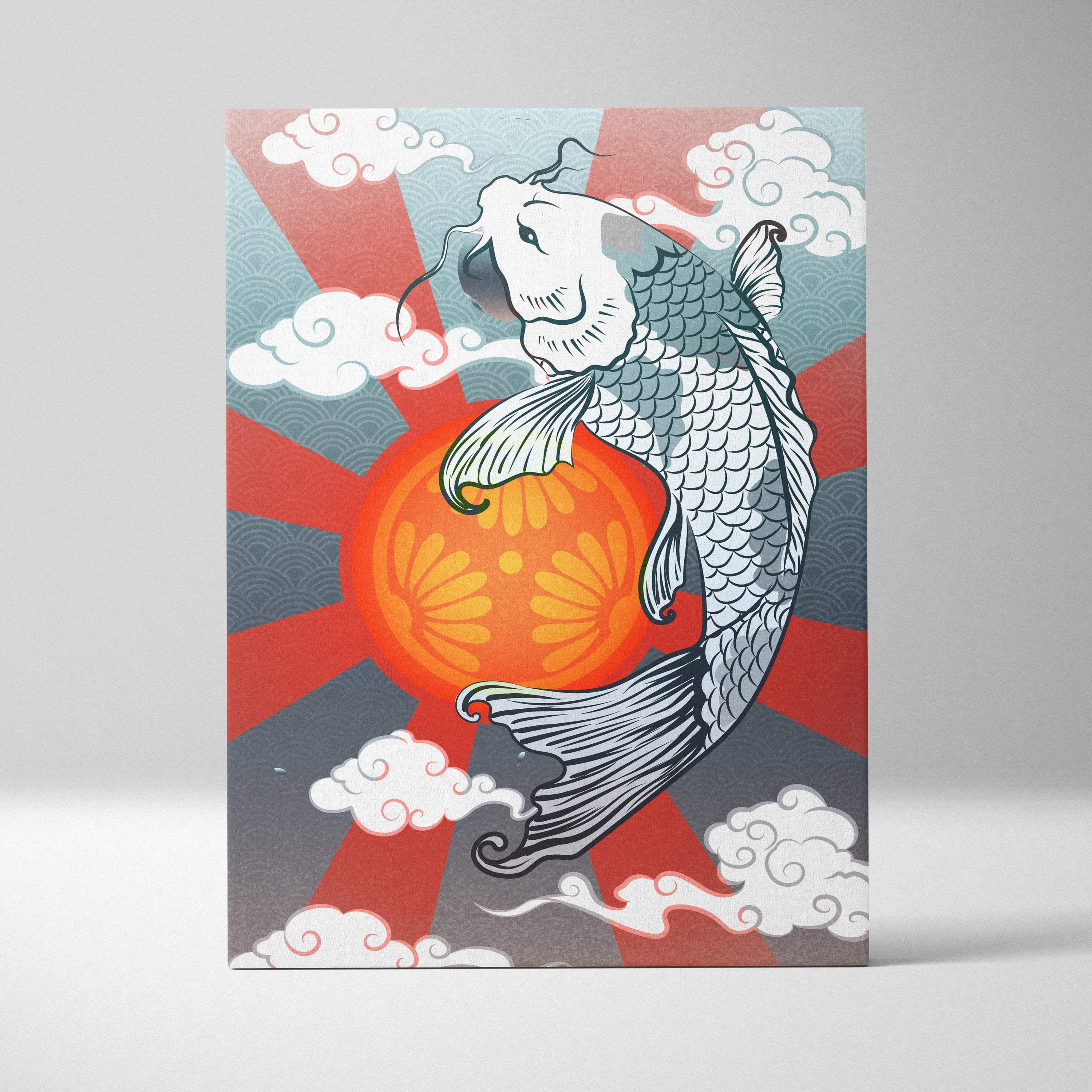 Koi fish red sun canvas wall art with gray blue japanese tattoo style featuring black and white koi on orange background
