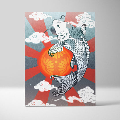 Koi fish red sun canvas wall art with gray blue japanese tattoo style featuring black and white koi on orange background