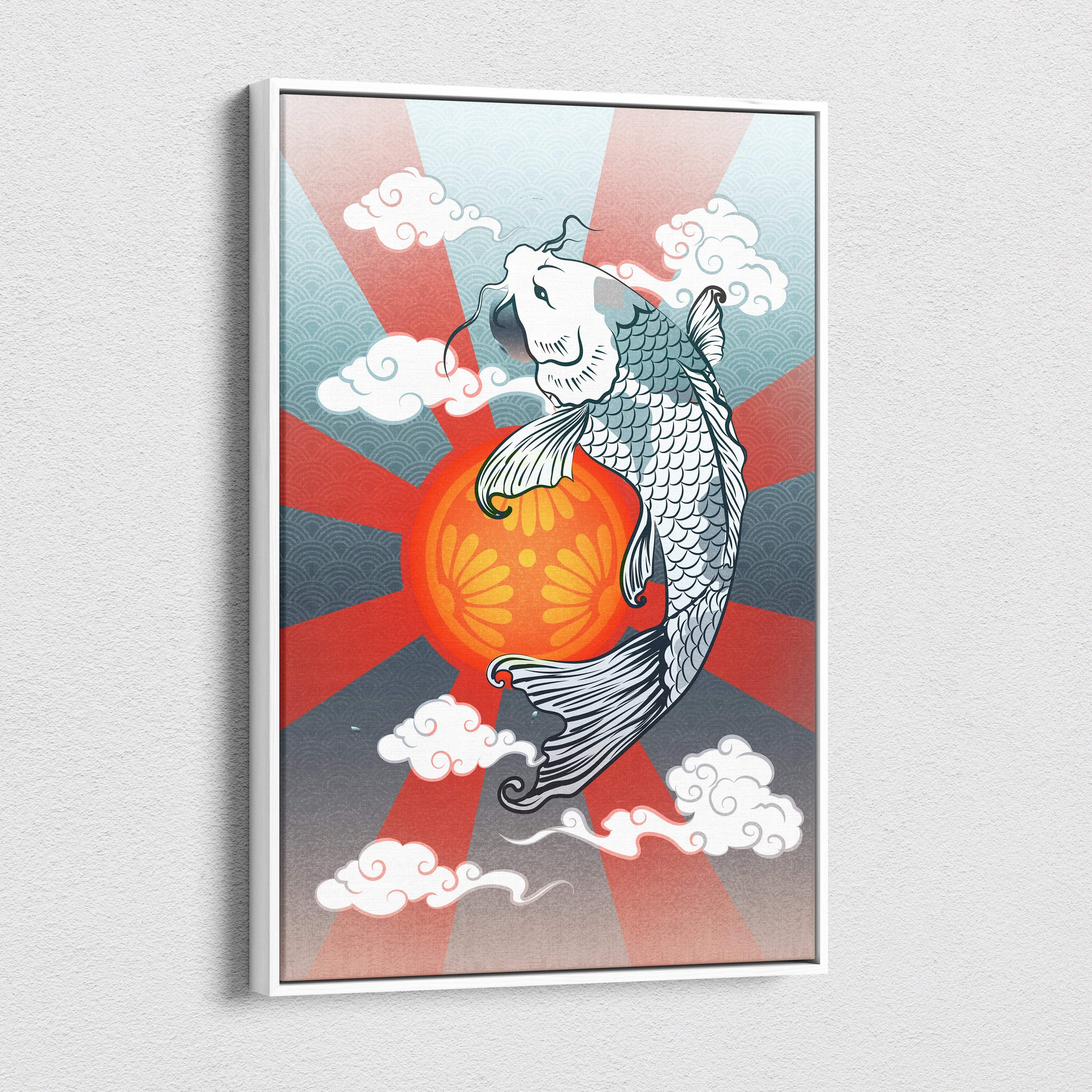 A framed koi fish red sun canvas wall art with a gray blue Japanese tattoo style and bold zen cloud decor