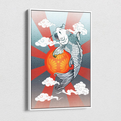 A framed koi fish red sun canvas wall art with a gray blue Japanese tattoo style and bold zen cloud decor