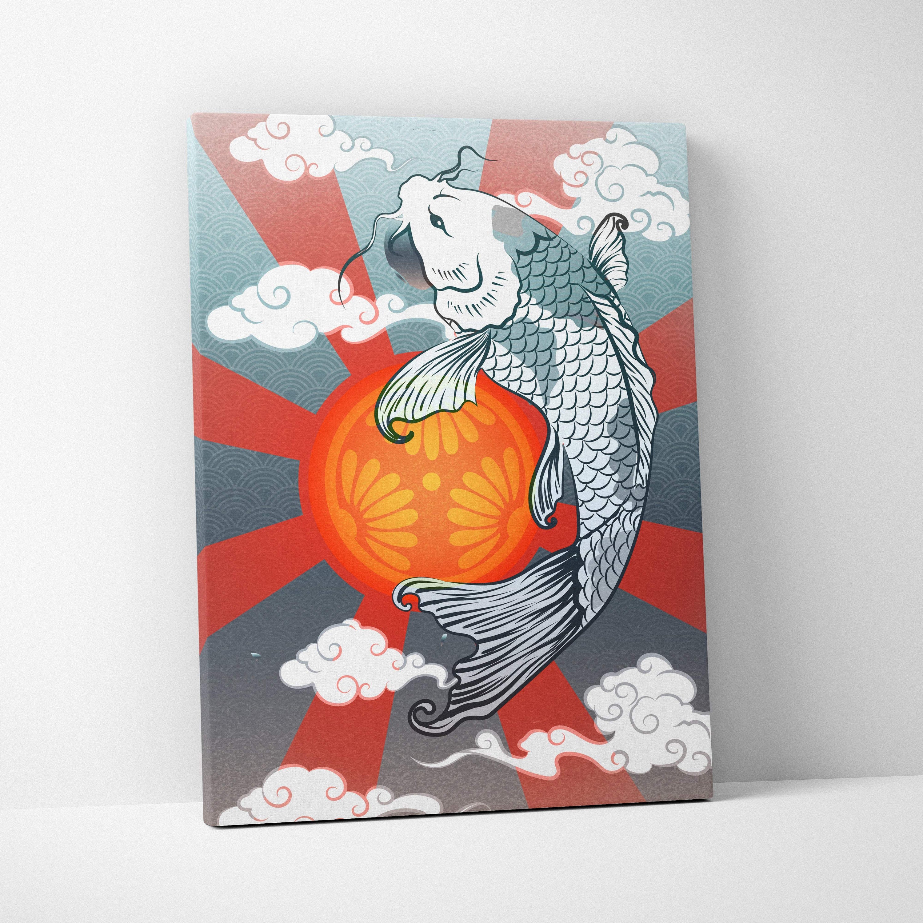 A vibrant koi fish red sun canvas print with a silver koi fish and bold zen cloud decor for living room or bathroom walls