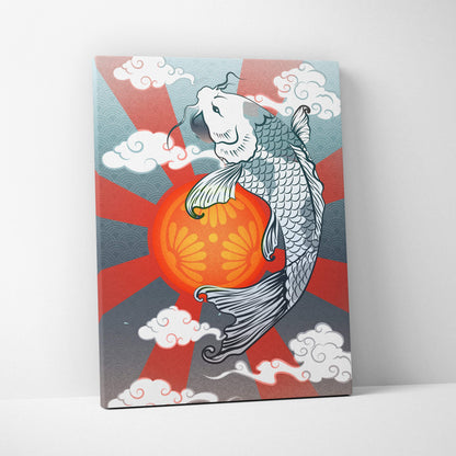 A vibrant koi fish red sun canvas print with a silver koi fish and bold zen cloud decor for living room or bathroom walls