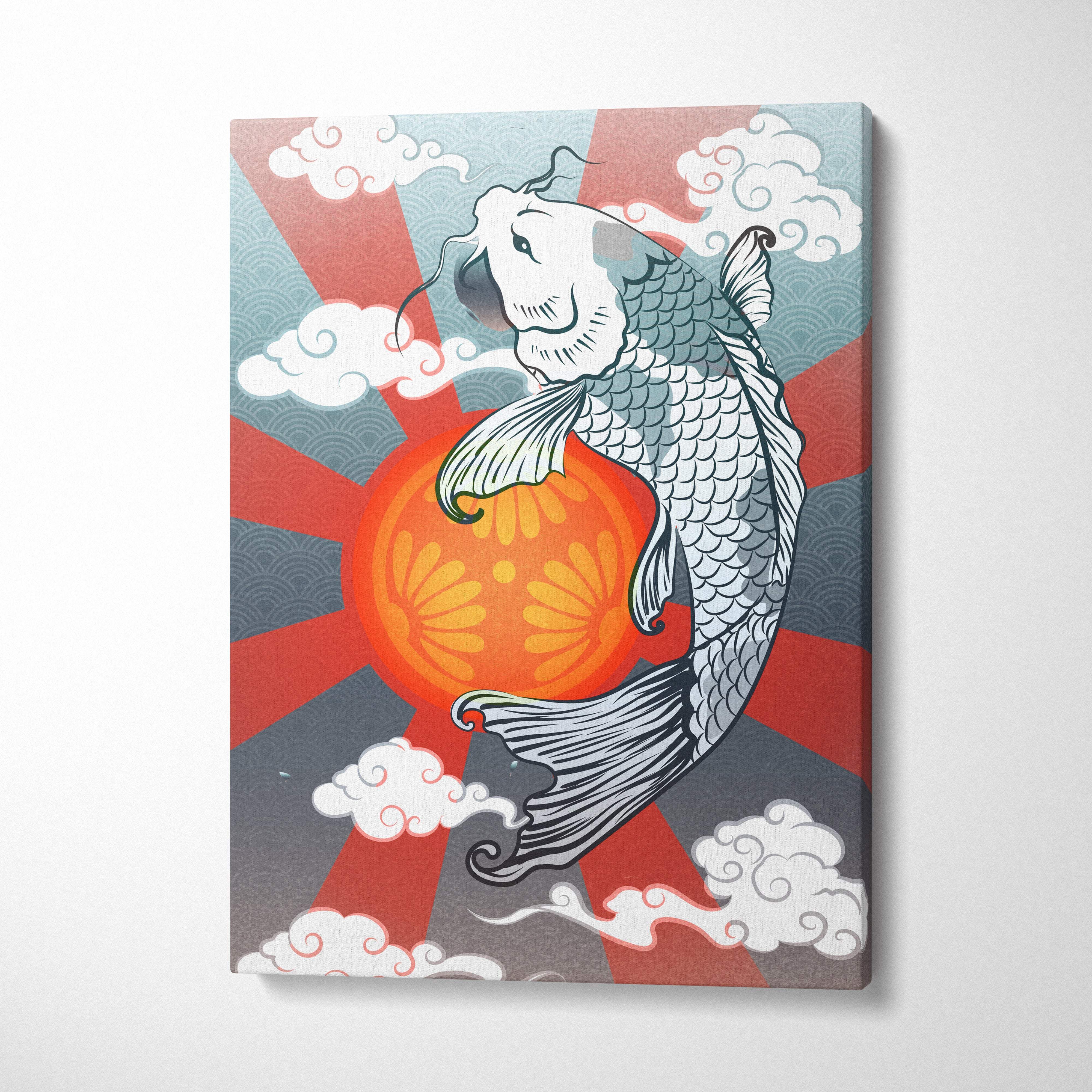 Stylized koi fish canvas wall art with white and gray scales against a vibrant red sunburst background for zen decor