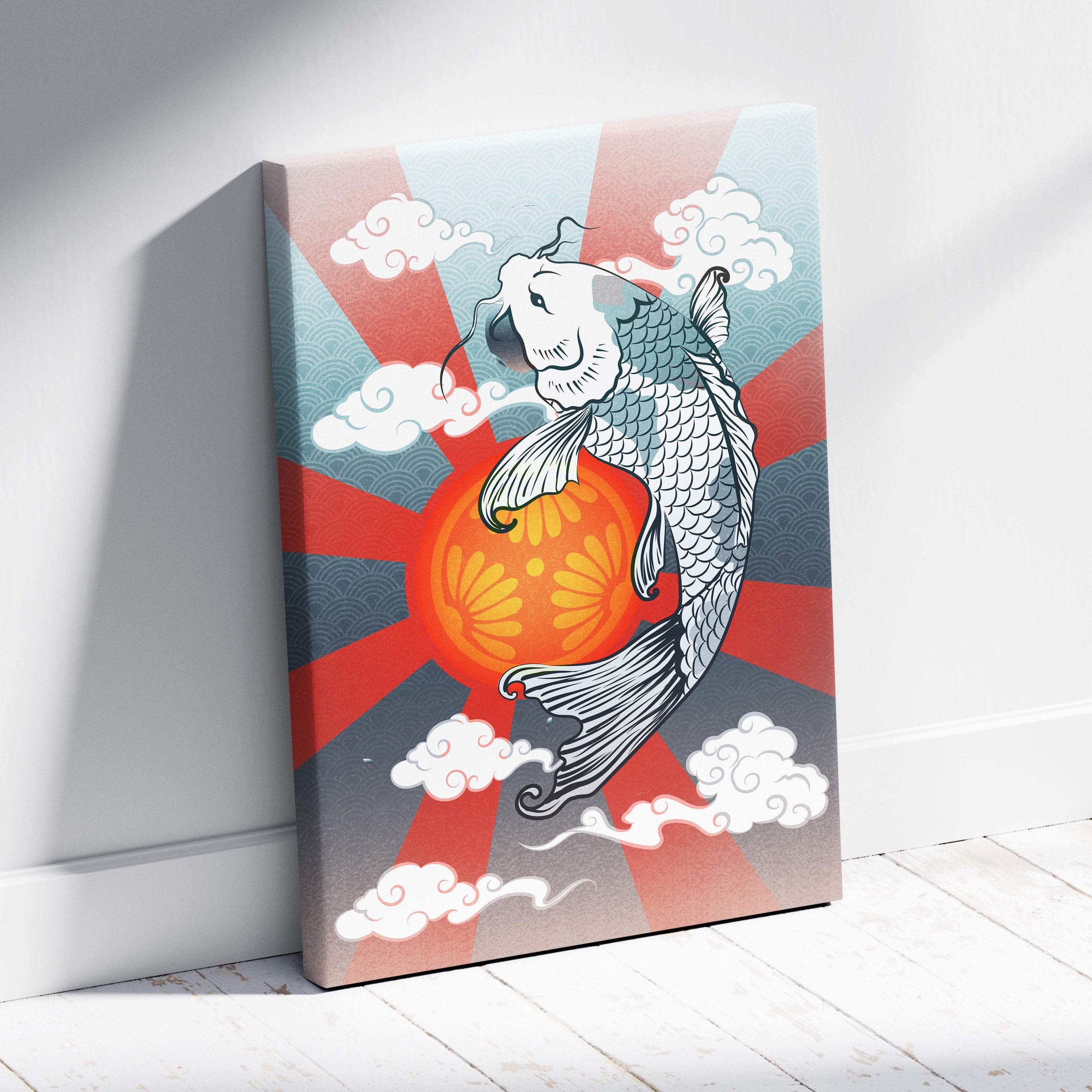 Vibrant koi fish red sun canvas wall art with white gray koi and bold zen clouds on teal gray gradient background