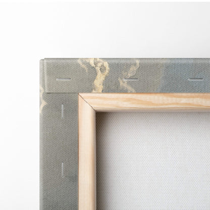 Light-colored wooden frame with gray textured canvas backing featuring beige marble patterns for epic stone guardian art