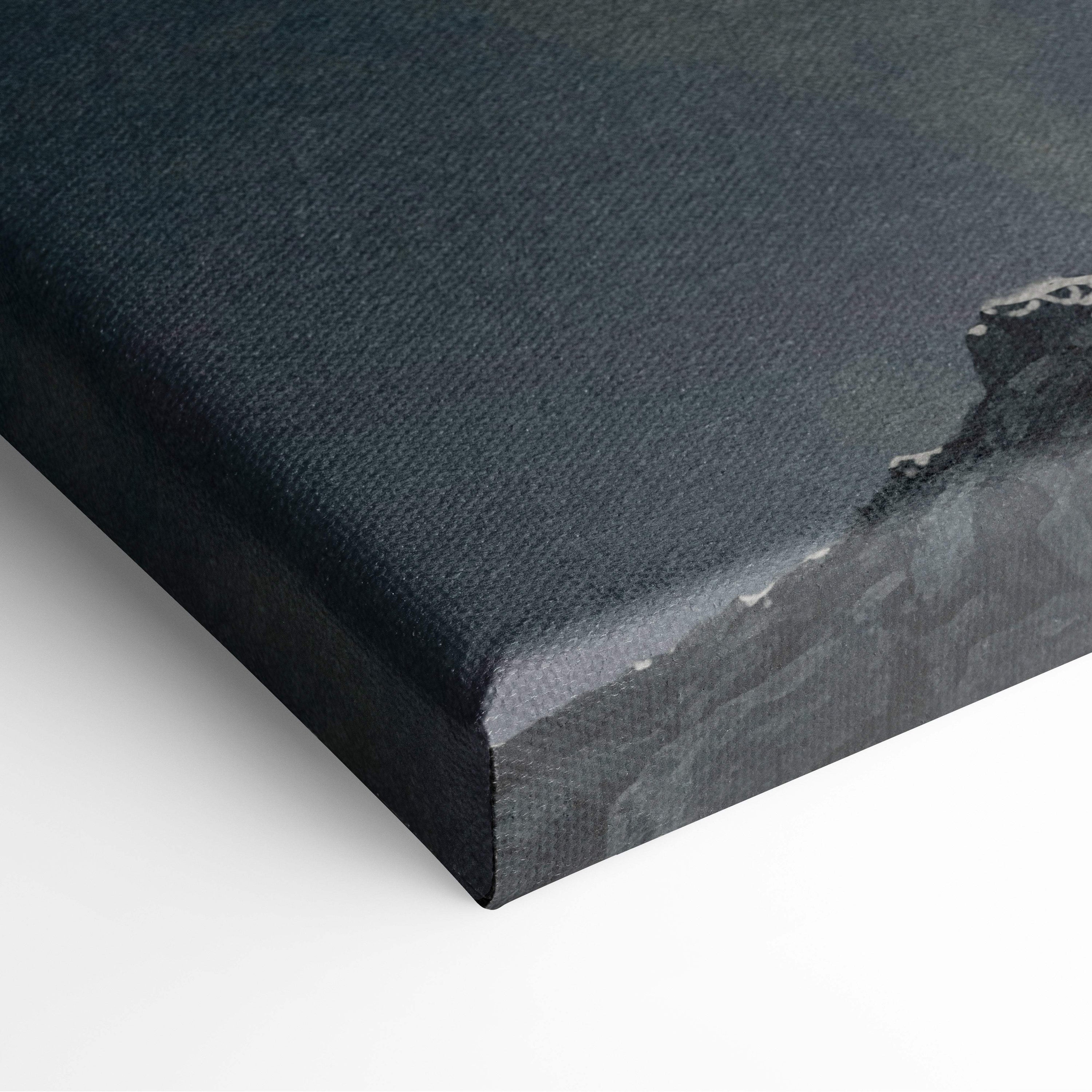 Black canvas print with textured surface and subtle grayish tones featuring epic stone guardian dark fantasy mountain art