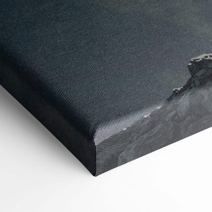 Black canvas print with textured surface and subtle grayish tones featuring epic stone guardian dark fantasy mountain art