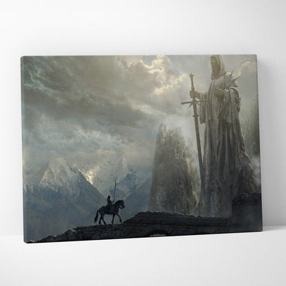 Epic stone guardian canvas art featuring a gray stone statue holding a sword on rugged mountain terrain under stormy skies