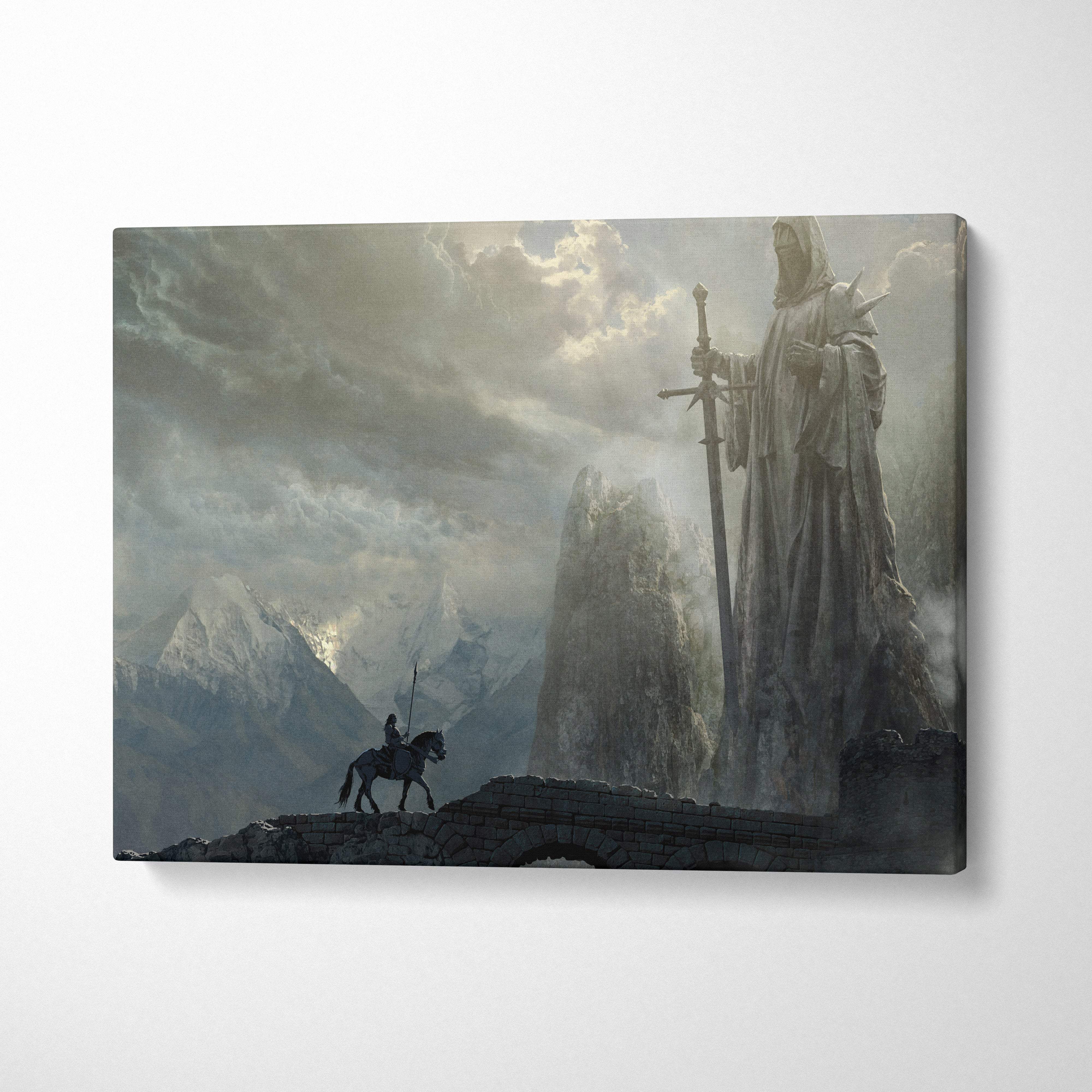 Gray canvas print of a hooded giant statue with sword and lone armored rider in a dark fantasy mountain landscape