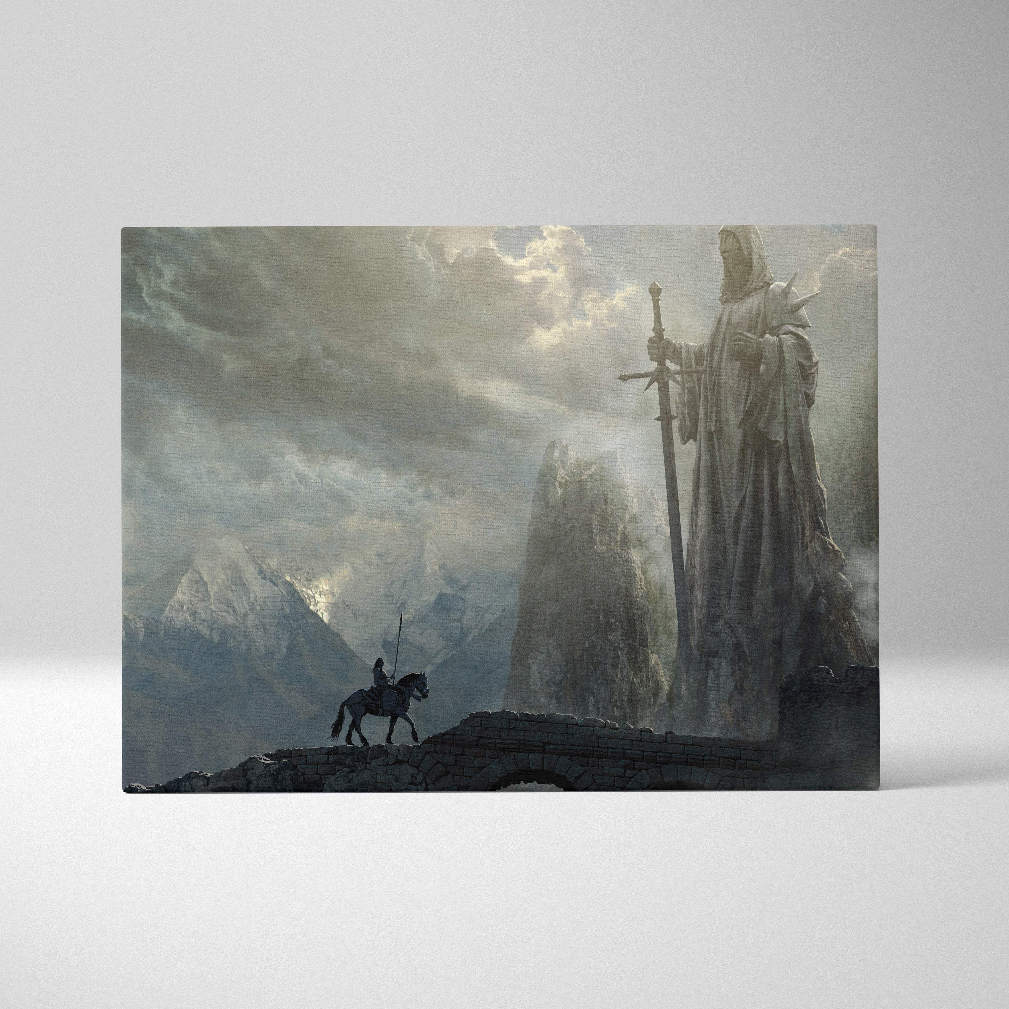 Rectangular canvas print of a dramatic dark fantasy scene with a lone rider approaching a giant stone gandalf statue under a stormy sky