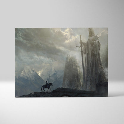 Rectangular canvas print of a dramatic dark fantasy scene with a lone rider approaching a giant stone gandalf statue under a stormy sky