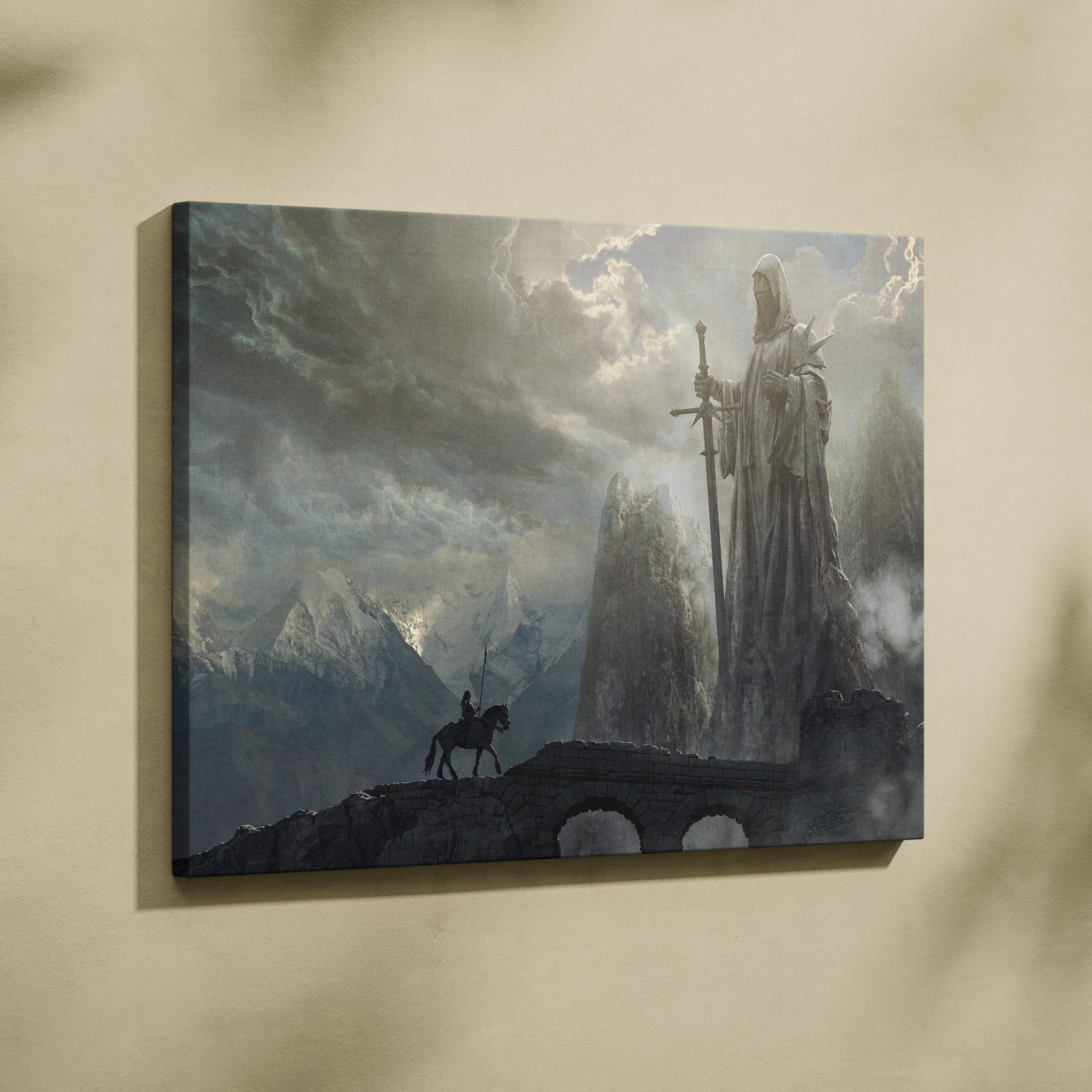 Gray stone statue of robed figure holding sword on epic stone guardian canvas art with dark fantasy mountain landscape