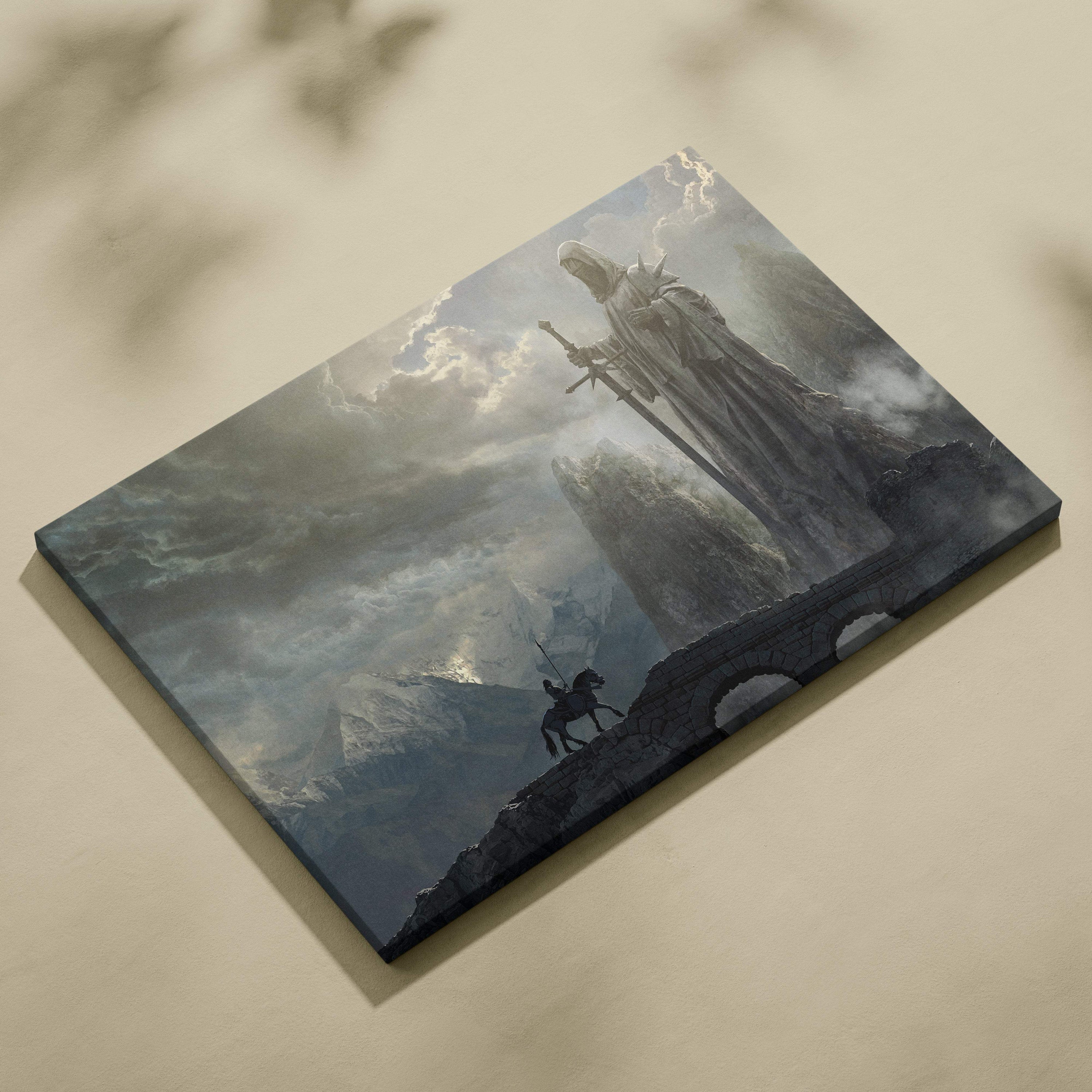 Rectangular canvas print of a dramatic dark fantasy mountain landscape featuring a giant cloaked stone guardian and stormy sky