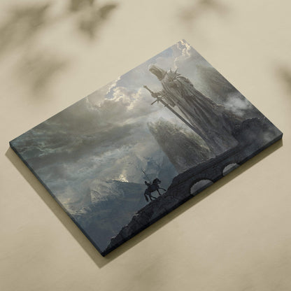 Rectangular canvas print of a dramatic dark fantasy mountain landscape featuring a giant cloaked stone guardian and stormy sky