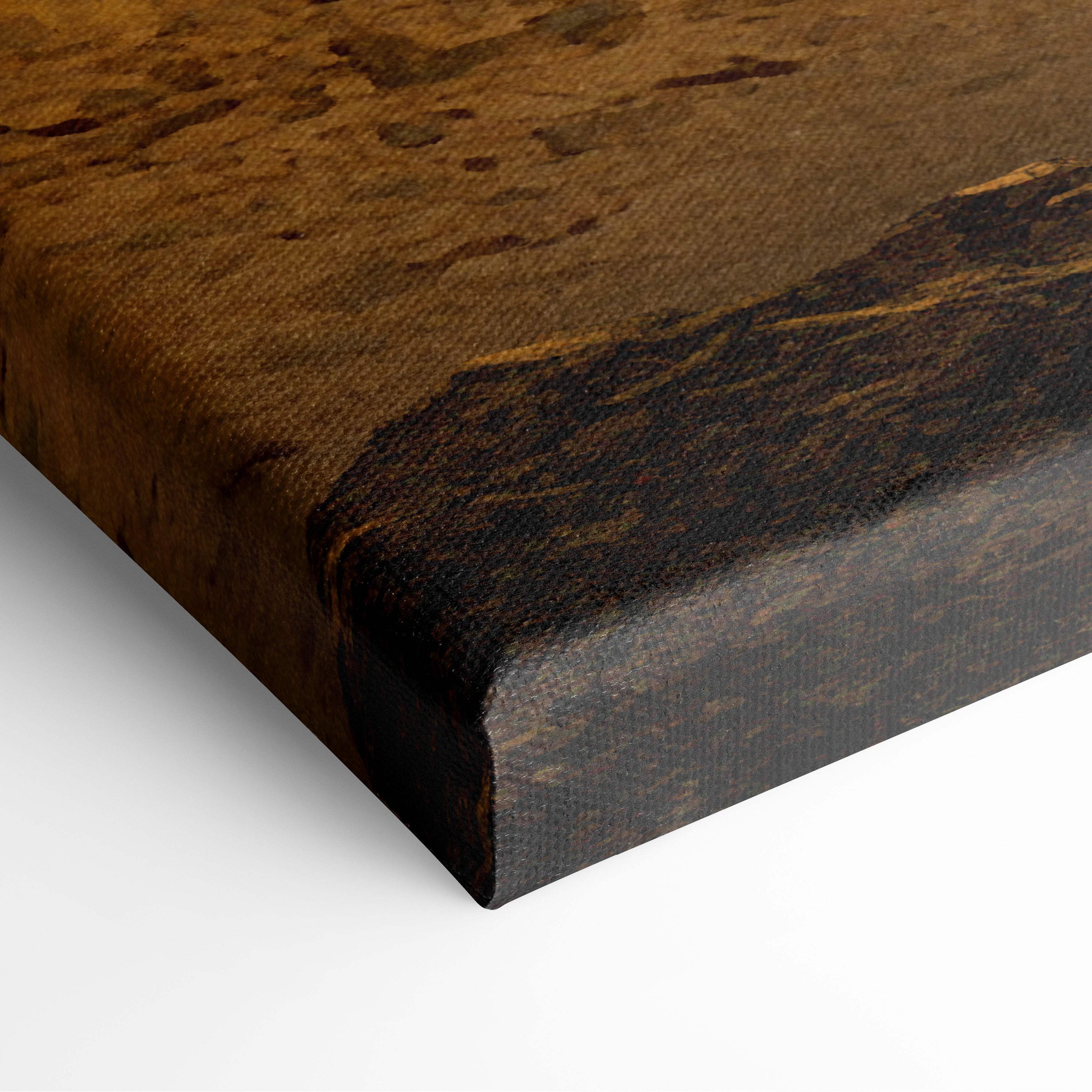 Brown canvas print with textured earthy tones and rugged distressed edge featuring desert temple ruins fantasy art