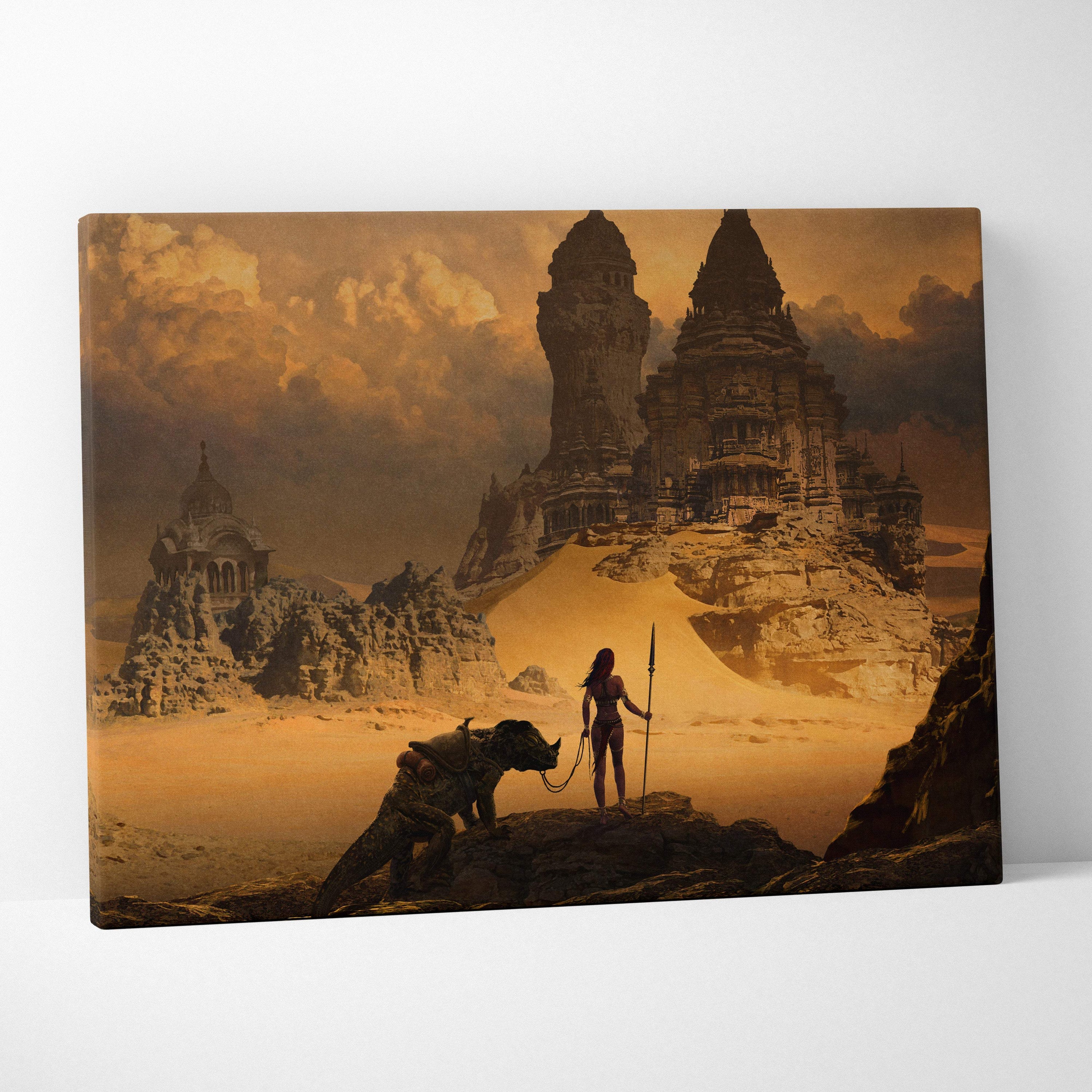 A rectangular canvas print of a lone warrior with spear and rhinoceros creature by ancient stone towers in orange desert sky
