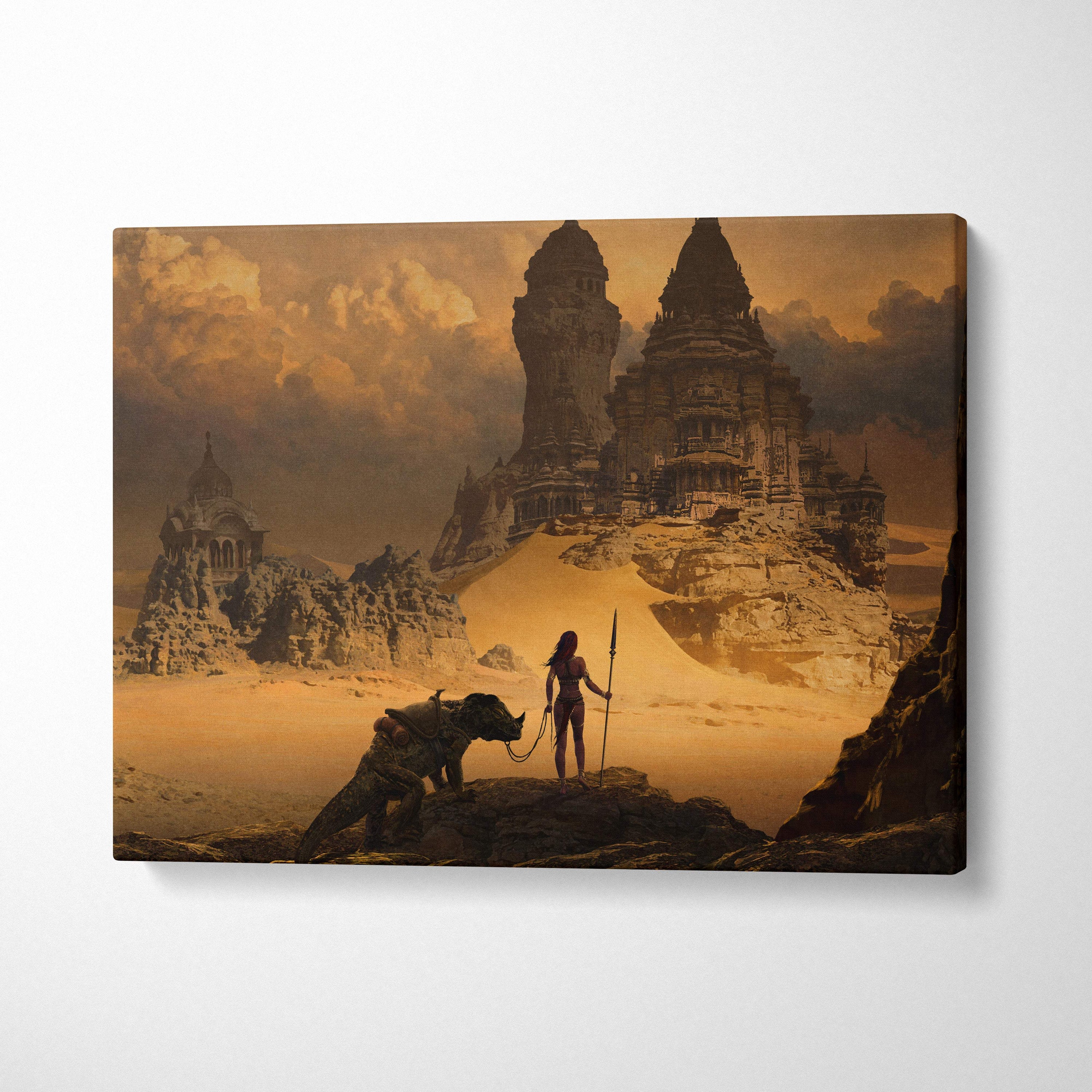 Rectangular canvas print of a lone warrior and beast by ancient stone towers in a desert under an orange sky