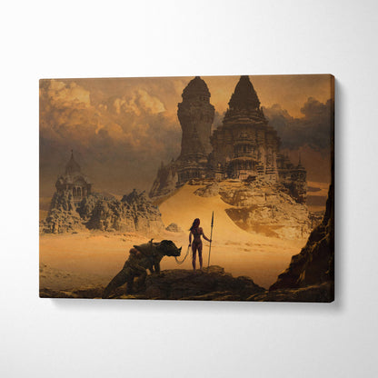 Rectangular canvas print of a lone warrior and beast by ancient stone towers in a desert under an orange sky