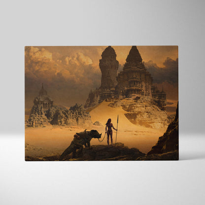 A rectangular canvas print of a lone warrior with spear and beast in desert ruins under an orange sky