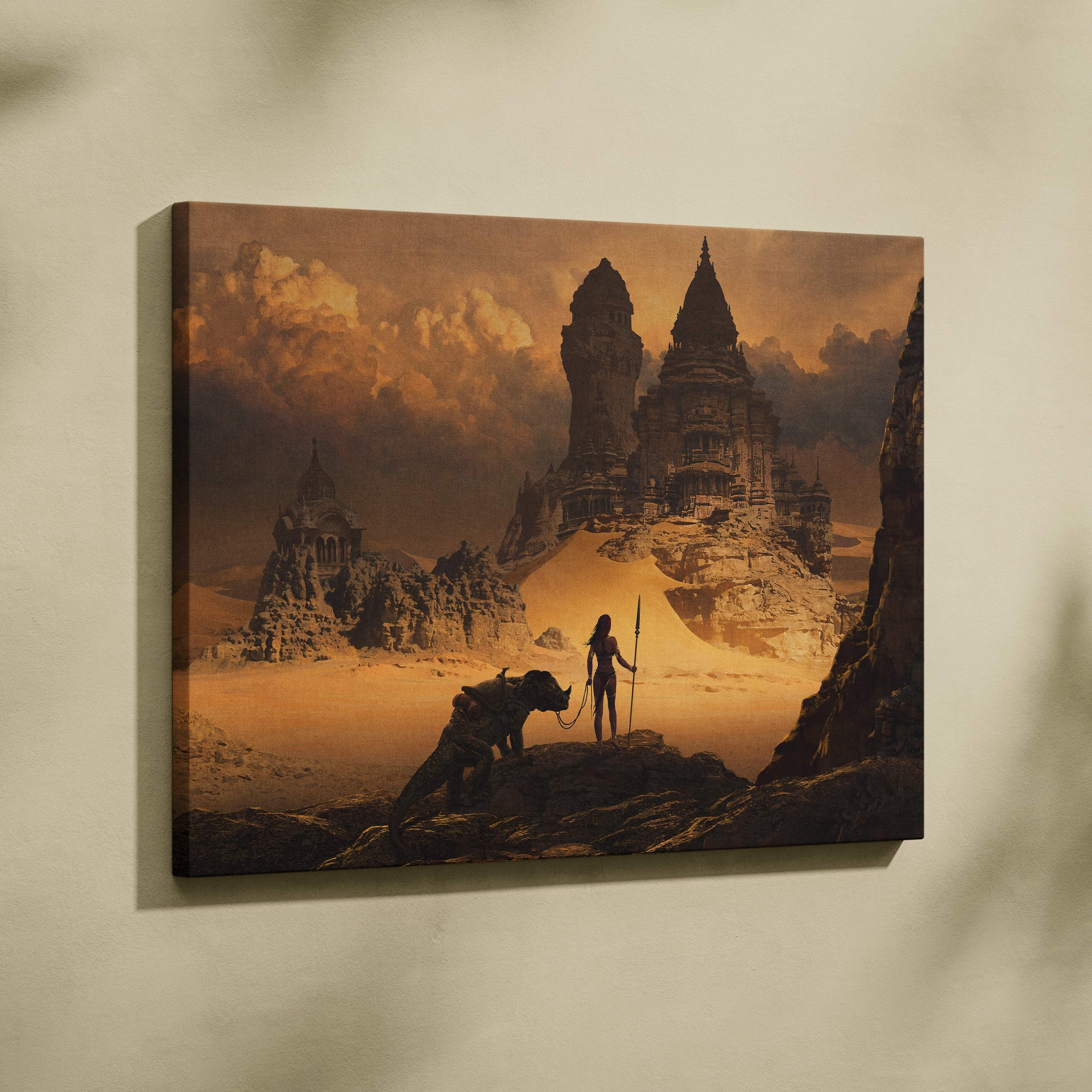 Rectangular canvas print of desert temple ruins with warrior and beast silhouette under orange sky wall decor