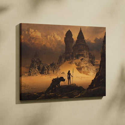 Rectangular canvas print of desert temple ruins with warrior and beast silhouette under orange sky wall decor