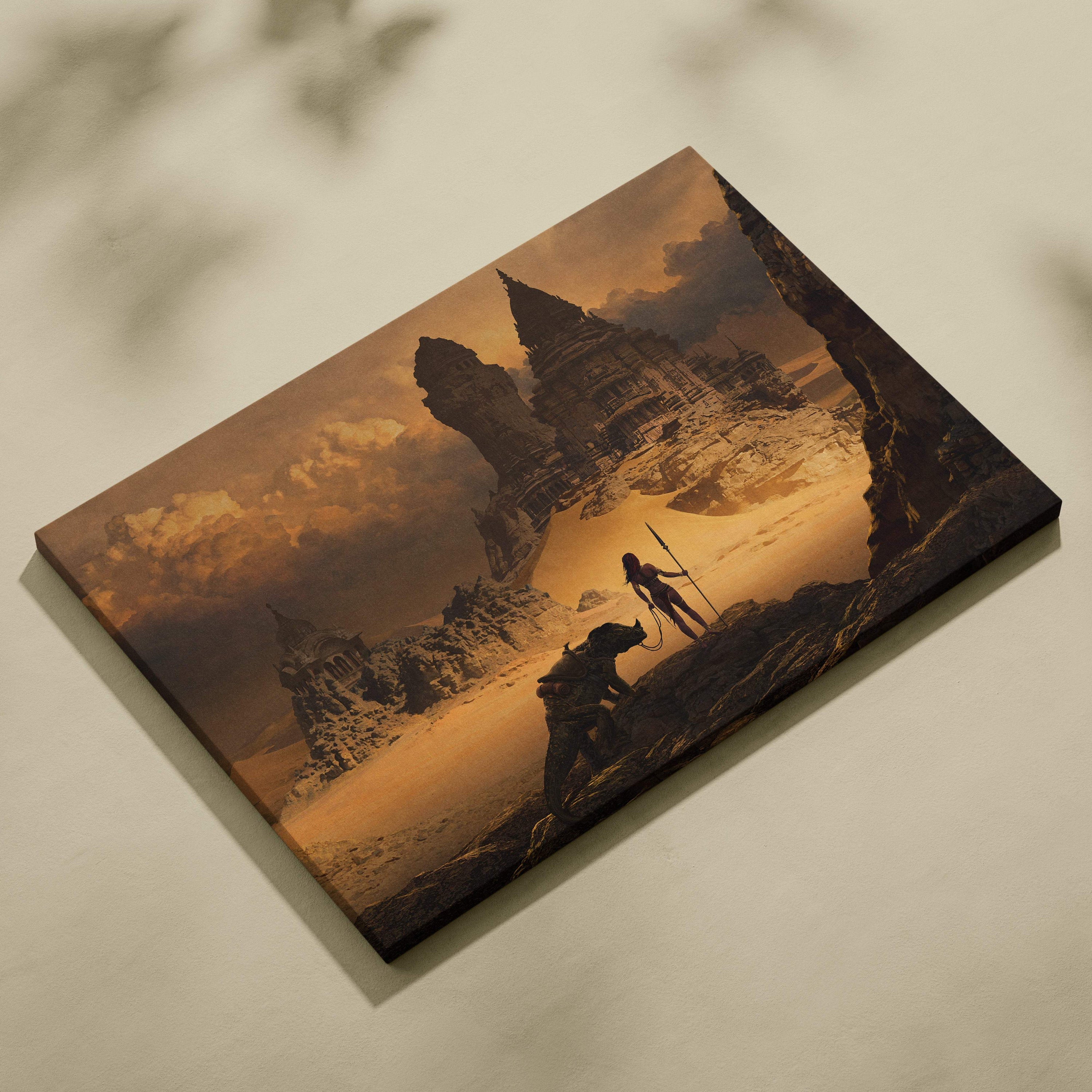 A rectangular canvas print of desert temple ruins with golden sand dunes and a warrior with beast under an orange sky