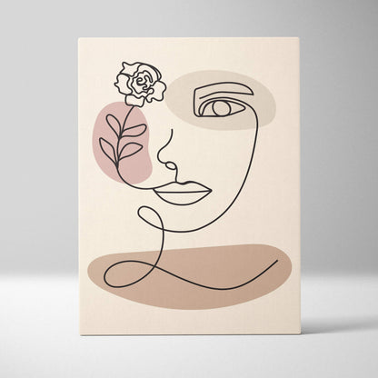 Minimalist beige taupe line art portrait of woman with rose canvas wall art