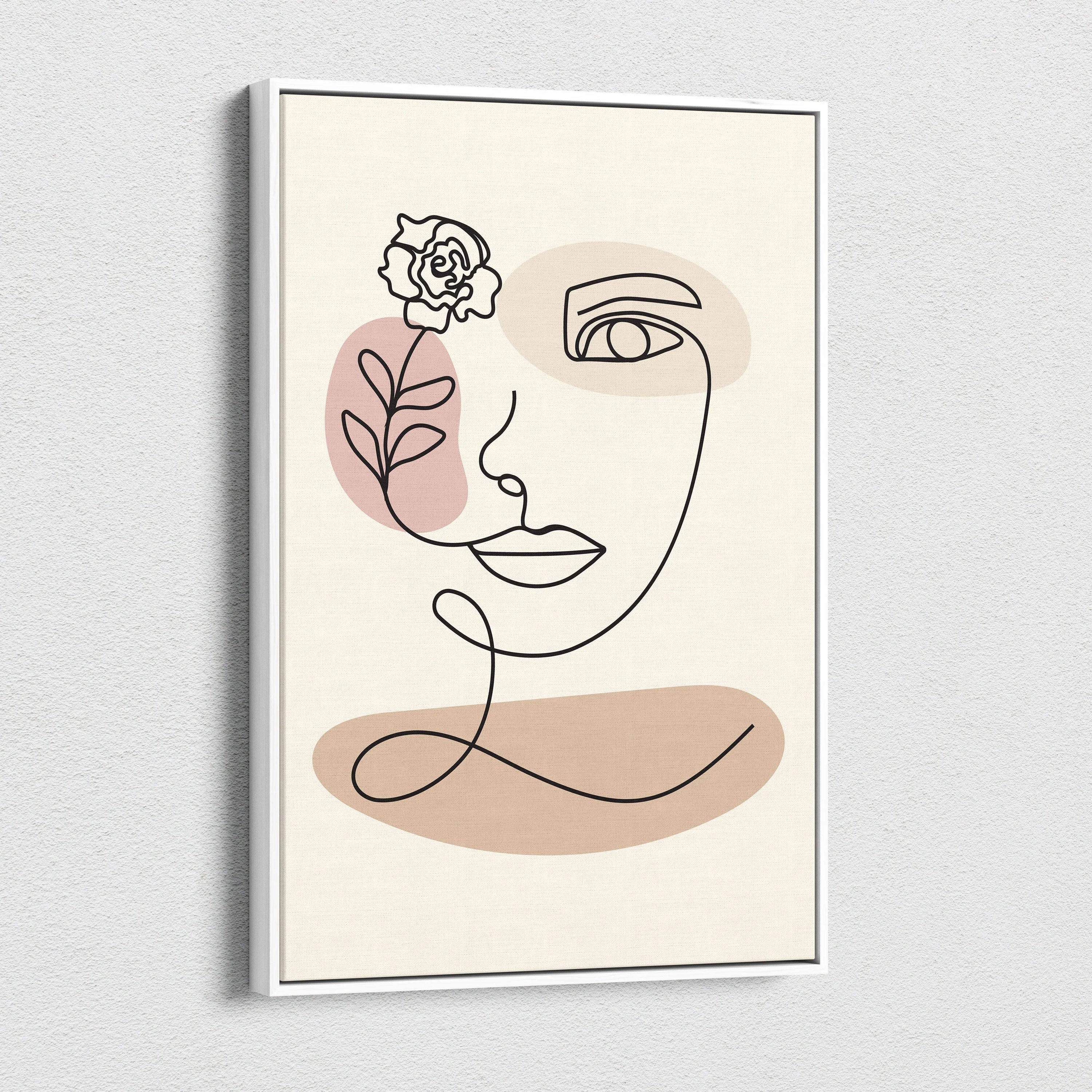 Minimalist line art portrait of woman with rose blush taupe canvas print