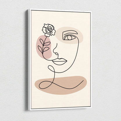 Minimalist line art portrait of woman with rose blush taupe canvas print