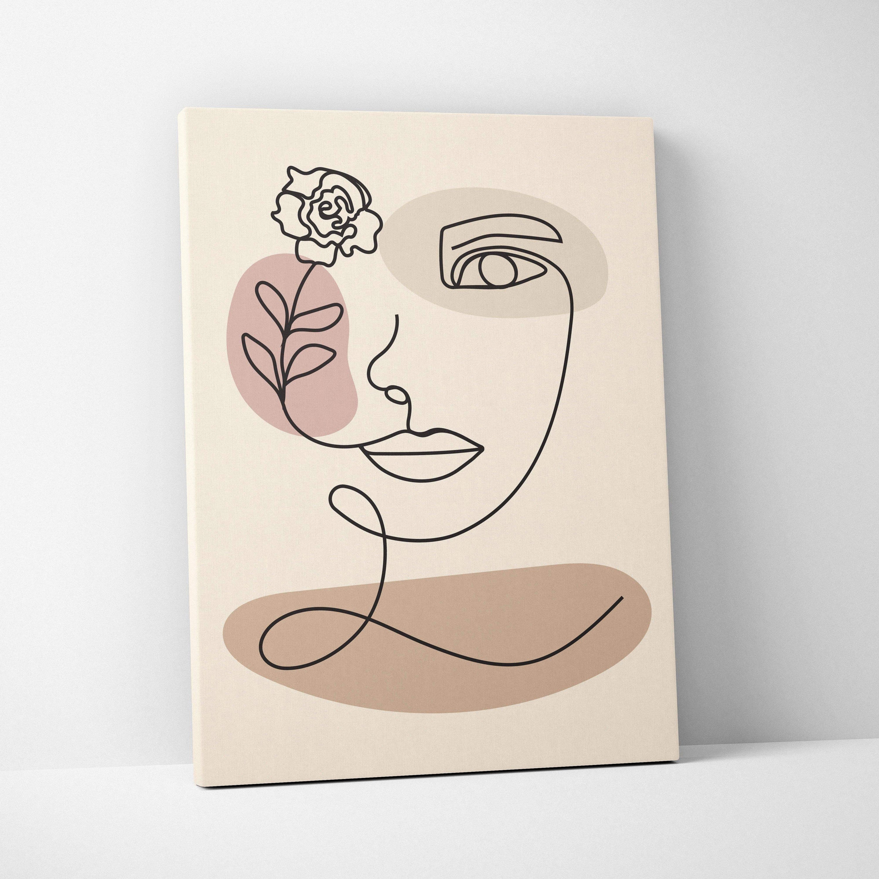 Minimalist line art woman portrait with rose on beige taupe canvas